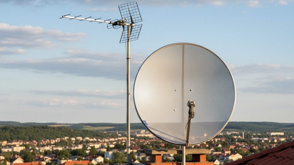 Eine Satellitenschüssel und eine Antenne sind auf einem Ziegeldach vor einem weiten Blick über eine Stadt montiert.