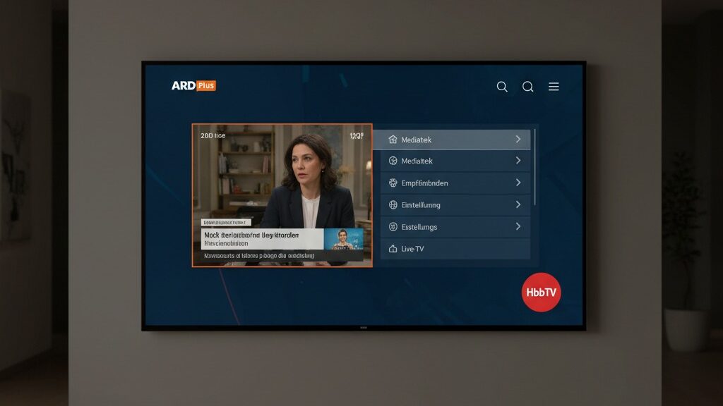 Ein Fernseher in einem Wohnzimmer zeigt die Benutzeroberfläche der ARD Plus App mit einem Menü und einem laufenden Videobeitrag.