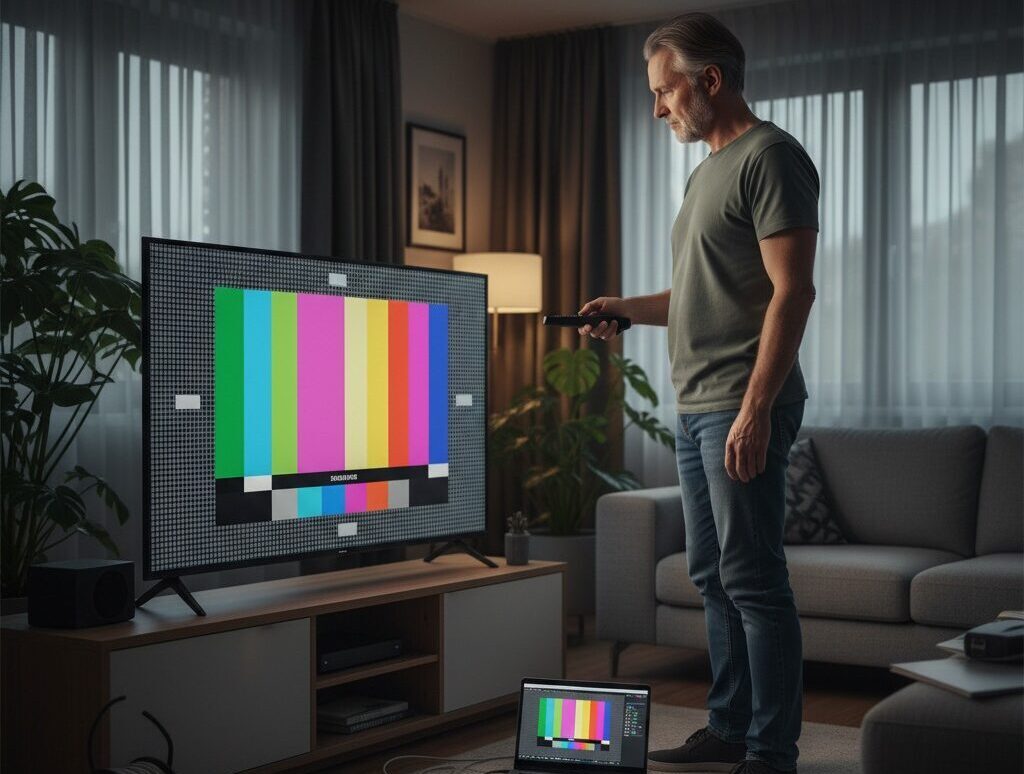 Ein Mann steht in einem Wohnzimmer vor einem Fernseher, der ein Testbild anzeigt, während ein Laptop mit demselben Testbild auf dem Boden steht.